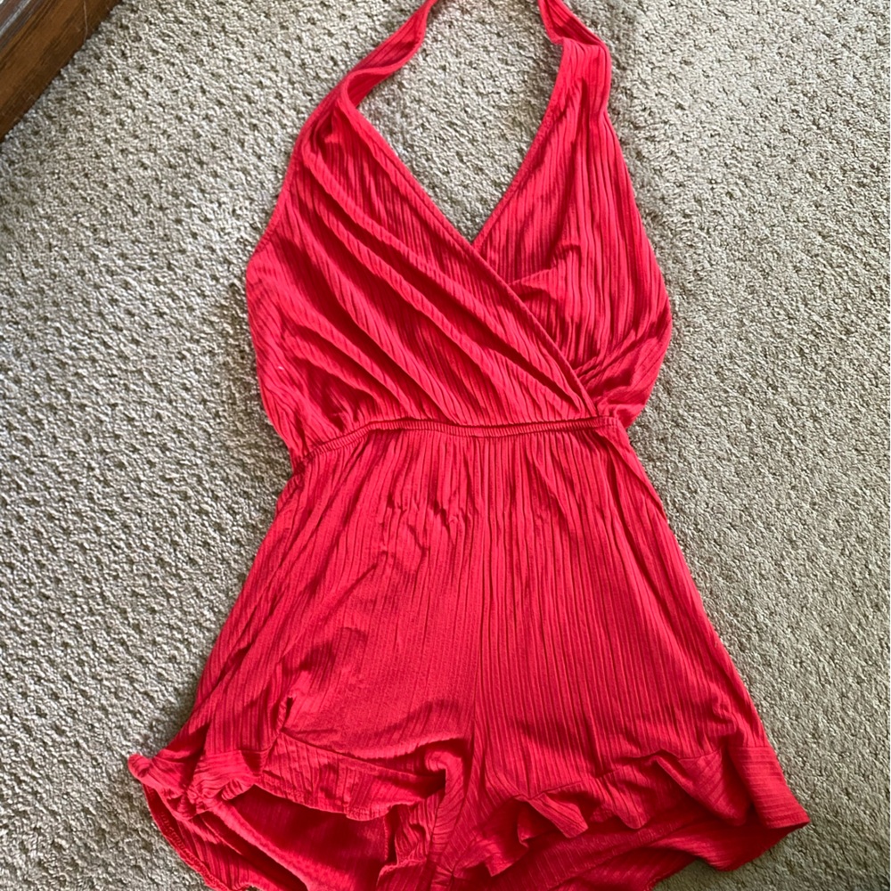 Bright Red Halterneck Romper/Coverup
